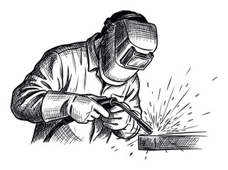 Professional welder performing metal fabrication with protective gear and intense sparks, suitable for industrial safety campaigns and vocational training advertisements