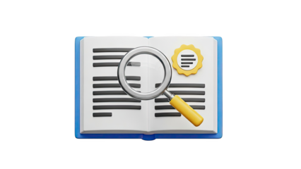 3D Open book with magnifying glass and seal icon on transparent background
