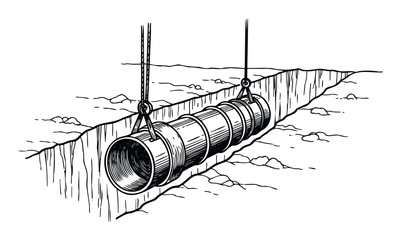 Industrial pipeline construction scene showing a large heavy pipe being carefully lowered into a deep trench using strong lifting cables for infrastructure development projects