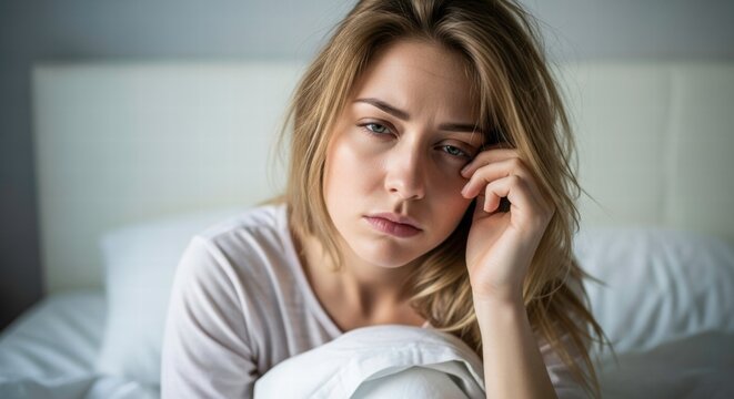 Misty Morning Reflections: A woman in a candid moment of contemplation, seated on a bed, the soft light casts a gentle glow. Evoking a sense of quietude and introspection.