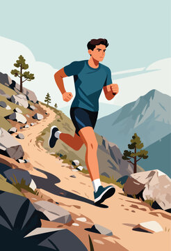 Determined man runs on rocky mountain trail under vast, cloudy sky
