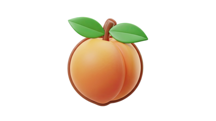 3D Peach Icon with Green Leaves on transparent background
