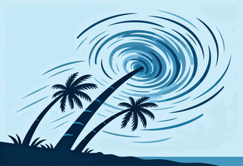 Stylized palm trees bend against a turbulent sky depicting a cyclone