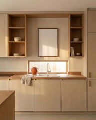 Minimalist kitchen with single blank picture frame above sink and open shelves
