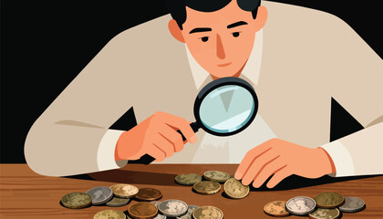Man examining coins with a magnifying glass