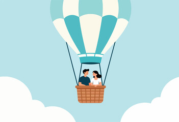 Couple in hot air balloon basket, floating above clouds