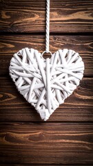 Wicker heart ornament hangs from rope against a brown wooden background with visible wood grain texture