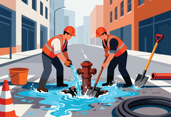 Two workers in safety gear repair a leaky fire hydrant on a city street
