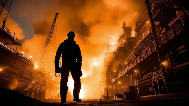 A dashing male employee is silhouetted against a blast furnace.