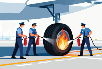 Airport personnel extinguish fire on airplane wheel
