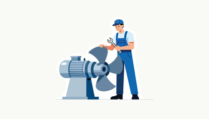 Technician working on a large motor with fan blades