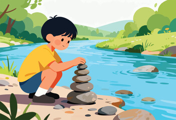 A child builds a stone cairn by a tranquil river, surrounded by lush greenery