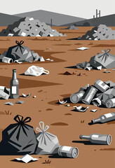 Litter-strewn landscape with mountains, chimneys, and trash bags