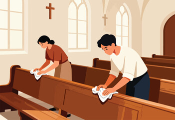 Two people cleaning wooden pews inside a church with crosses on the wall