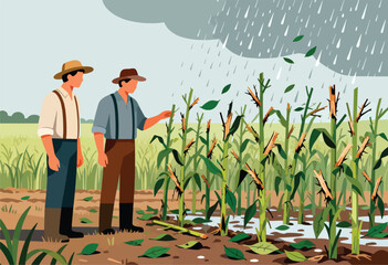 Two farmers stand in a flooded cornfield under heavy rain, examining damaged stalks