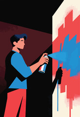 Young person spray-painting a wall with blue paint