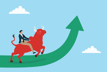 Vector illustration of a businessman riding a red bull along an upward arrow, symbolizing market growth, bullish trends, and confident investment strategy
