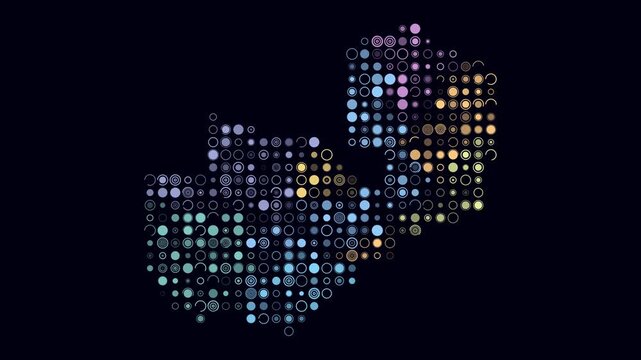 Zambia animation. Shape of the country with pulsating colored dots. Large size circle blocks. Digital style map on dark background. Modern video.