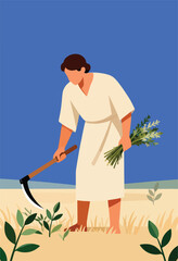 Farmer harvests crops with a scythe in a field under a blue sky