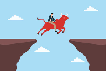 Vector illustration of a businessman riding a red bull jumping across a cliff gap, symbolizing bold risk taking, confidence, overcoming obstacles, strong leadership, ambitious business growth
