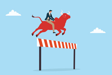 Vector illustration of a determined businessman riding a red bull and jumping over obstacles, symbolizing bold risk taking, bullish confidence, leadership strength, resilience, and business growth
