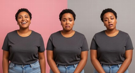 Emotion Spectrum: A woman showcases a spectrum of emotions across a split frame, presenting joy, sadness, and neutrality, reflecting the complexity of the human experience.