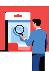 Man examines package with magnifying glass on red background