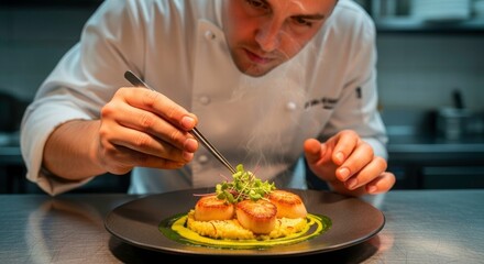 Culinary Precision: A culinary artist delicately garnishes a gourmet dish with precision, his focused gaze and skilled hands crafting a masterpiece of flavors and presentation.