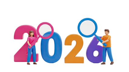 2026 Year Numbers with People Holding Magnifying Glasses on transparent background
