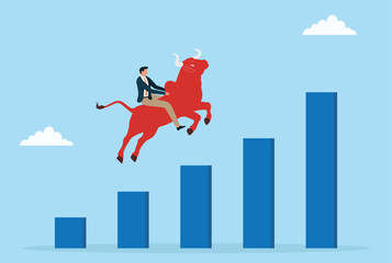 Vector illustration of a businessman riding a red bull above rising bar charts, symbolizing bullish market trend, financial growth, investment success, confidence, and strong business momentum
