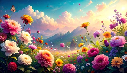 Vibrant flowers bloom in a whimsical field, bathed in soft, pastel sunlight against a mountain backdrop