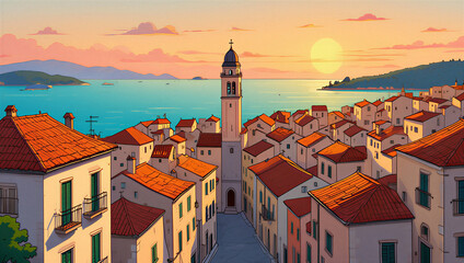 Golden Hour Mediterranean Cityscape: Scenic Coastal Town, Bell Tower & Tiled Rooftops View