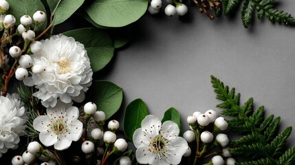 Floral Serenity: An elegant arrangement of pristine white blossoms and lush green foliage, composed with a harmonious balance of nature's beauty and gentle composition.