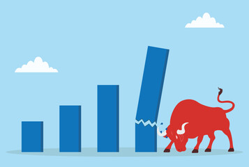 Vector illustration of a red bull smashing a graph bar, representing market disruption, explosive growth, and strong impact in the business world
