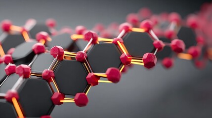 Atomic Structure Close-up: a high-angle shot showcasing the intricate connections of atoms, in a close-up that highlights the complex arrangement of molecules.