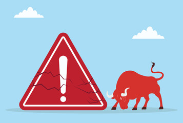 Vector illustration of a red bull breaking a warning sign, representing boldness, defying limits, challenging rules, risk-taking, and unstoppable force
