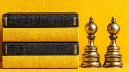 Books and Chess: A Still Life Depicting Knowledge and Strategy with a striking composition of classic books and chess pieces.