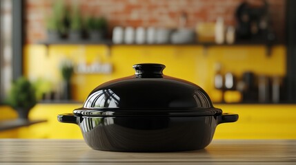 Modern kitchen, black pot, interior, wooden countertop, food preparation, background blurred, studio setting, still life, potentially for cookbook or kitchenware ad
