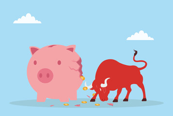 Vector illustration of a red bull breaking a piggy bank, representing financial disruption, bold action, risk-taking, breaking savings, and money challenges
