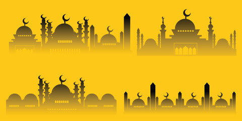 Set of Silhouette of multiple mosque domes and minarets, creating a warm atmosphere for Islamic religious celebrations and Middle Eastern travel themes. © Dani