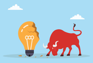Vector illustration of a red bull breaking a light bulb, representing boldness, disruption, breaking ideas, challenging norms, and unconventional thinking
