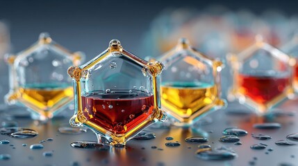 Colorful Hexagonal Chemical Flasks: An eye-catching array of hexagonal flasks, each containing a vibrant colored liquid. This image evokes a sense of scientific exploration and cutting-edge research.