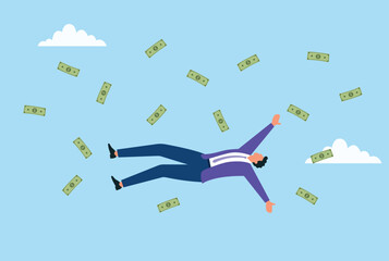 Vector illustration of a businessman floating in the air surrounded by falling money, symbolizing wealth, success, financial freedom, and prosperity
