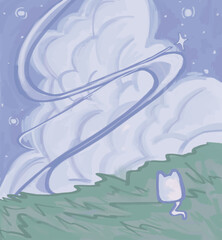 A whimsical hand-drawn background illustration featuring a cute white cat-like creature on green grass, looking up at a sky with swirling blue lines, fluffy clouds, and twinkling stars.