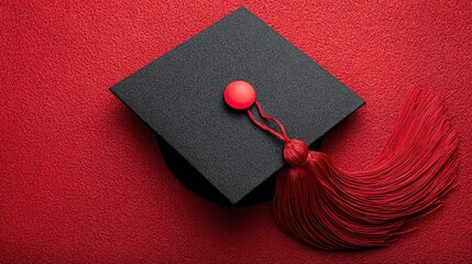 Graduation Cap with Red Tassel on Red: A close-up shot of a classic graduation cap with a prominent red tassel and a bright red background.