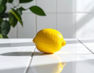 A single vibrant yellow lemon with dimpled rind sits on a white tiled surface with soft lighting.