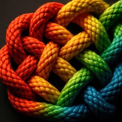 Interwoven neon colored sailor knots forming an intricate unity symbol on dark textured backdrop for teamwork themed design assets