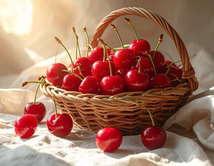 A woven basket overflows with plump, sun-ripened red cherries, showcasing nature's sweet bounty.