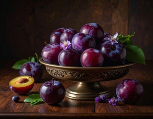 Assortment of perfectly ripe purple plums with delicate bloom, artfully displayed in an ornate brass bowl on a dark wooden surface