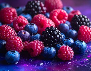 Colorful arrangement of fresh blueberries, raspberries, and blackberries
